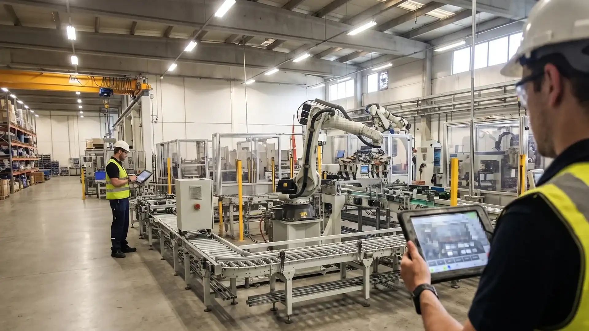 Engineers with handheld tablets monitoring a robotic assembly cell on a factory floor